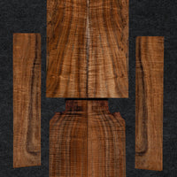 High-quality Koa ukulele Top, Back and Side set with deep brown tones, striking grain patterns, and wavy figuring.