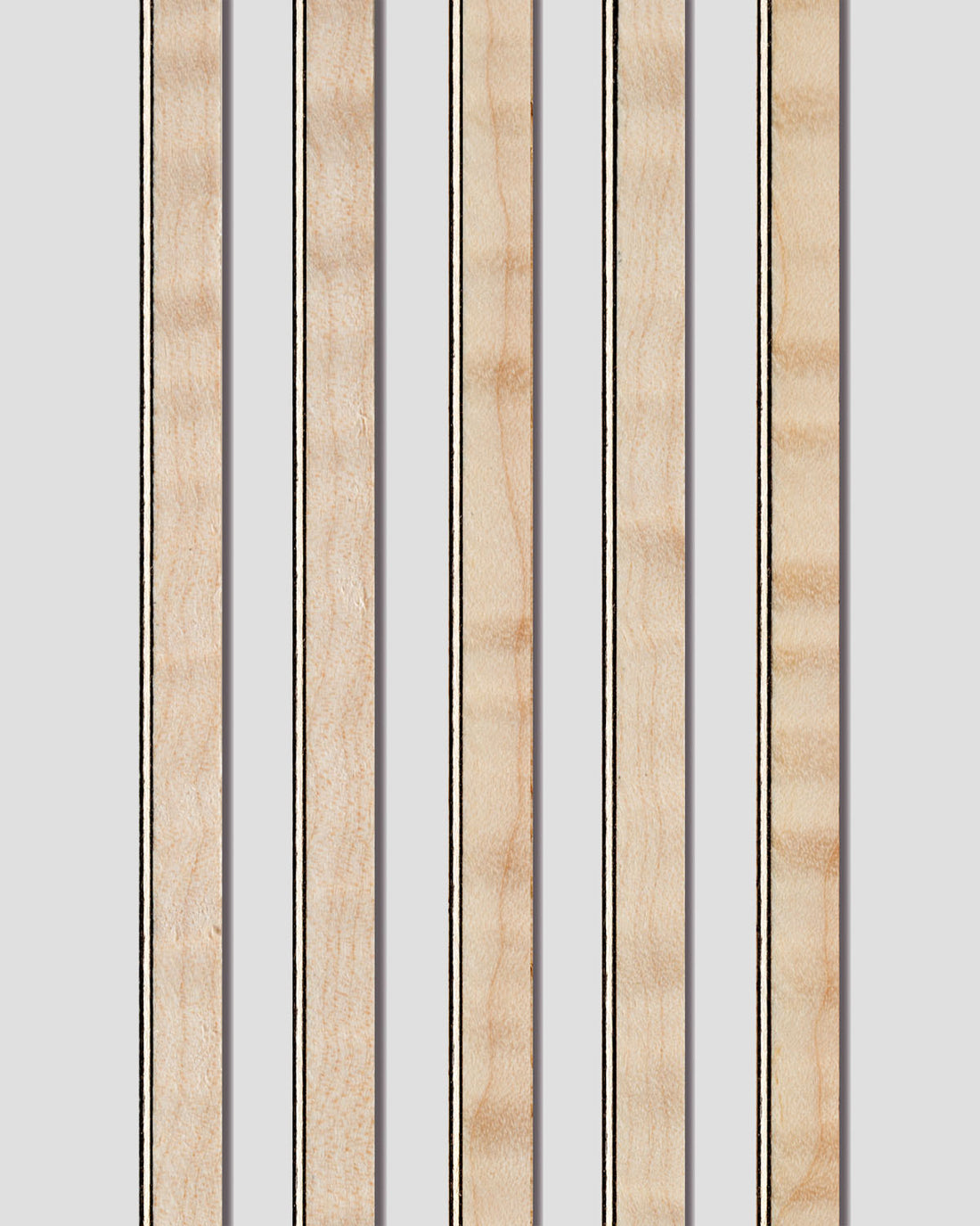 Curly Western maple binding strips with black and white purfling lines. Features a subtle figure and clean grain for decorative guitar edging.