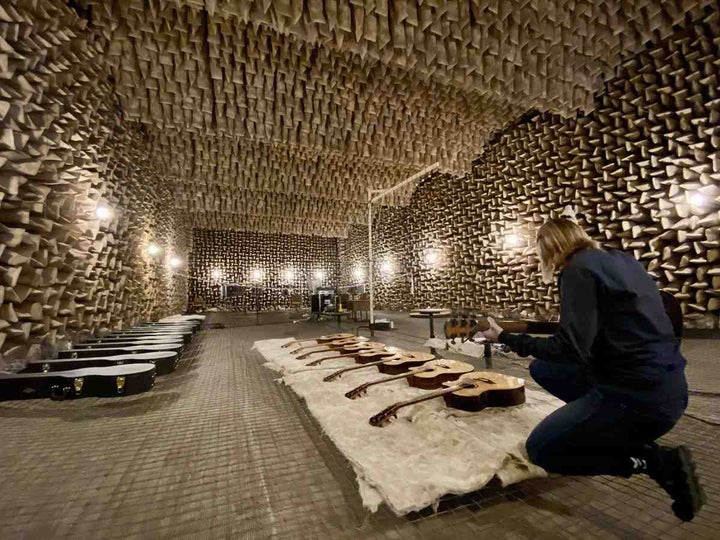 Researcher testing guitars inside an anechoic chamber to measure tone and resonance during sonic grading studies.