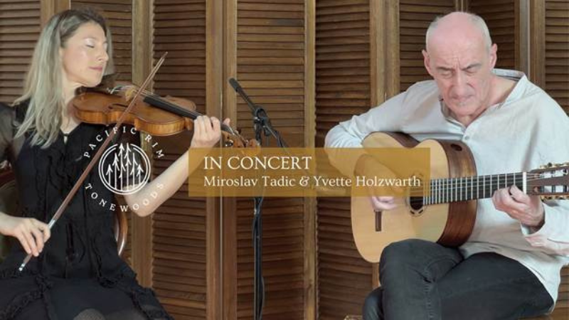 Miroslav Tadic and Yvette Holzwarth performing together on guitar and violin during a Pacific Rim Tonewoods-hosted concert in Anacortes, WA.