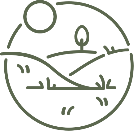 Icon of a sunny hillside landscape with sprouting plants, representing reforested acreage.