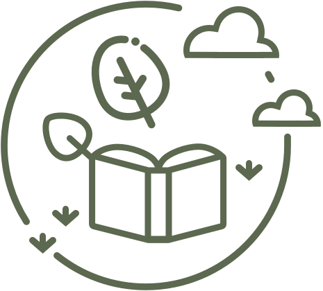 Line art graphic of an open book with a leaf emerging from it, encircled by clouds and nature elements. Represents sustainability, learning, and environmental conservation.