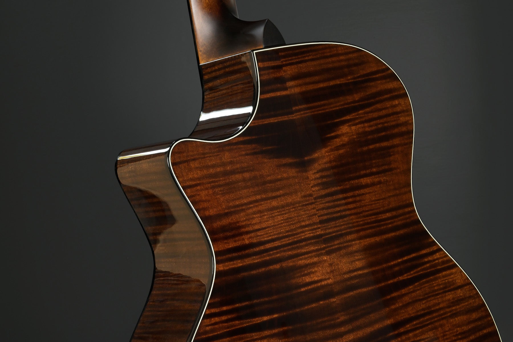 Close-up of a polished guitar's back, showcasing rich brown wood with striking grain patterns. The glossy surface reflects light, conveying elegance.