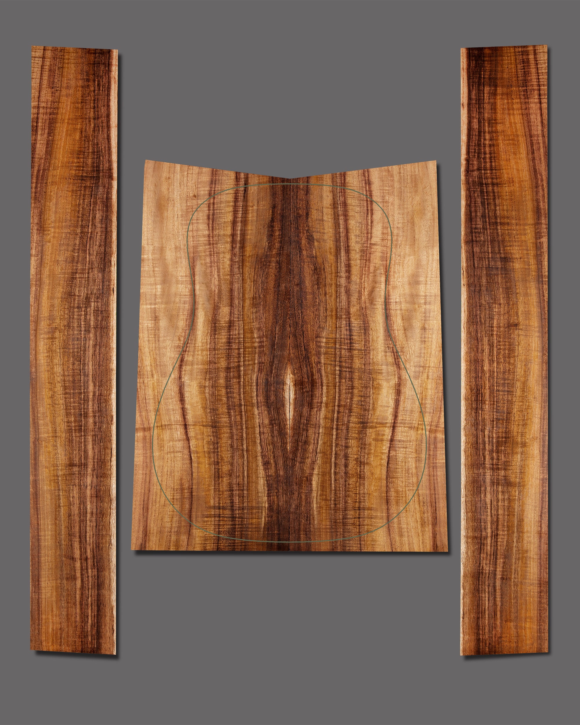 Classic figured Koa back and side set showcasing warm golden hues with bold curl and light sapwood accents. A well-balanced, eye-catching aesthetic.