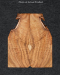 Highly figured Koa wood guitar top with golden hues, deep curl patterns, and striking contrast.