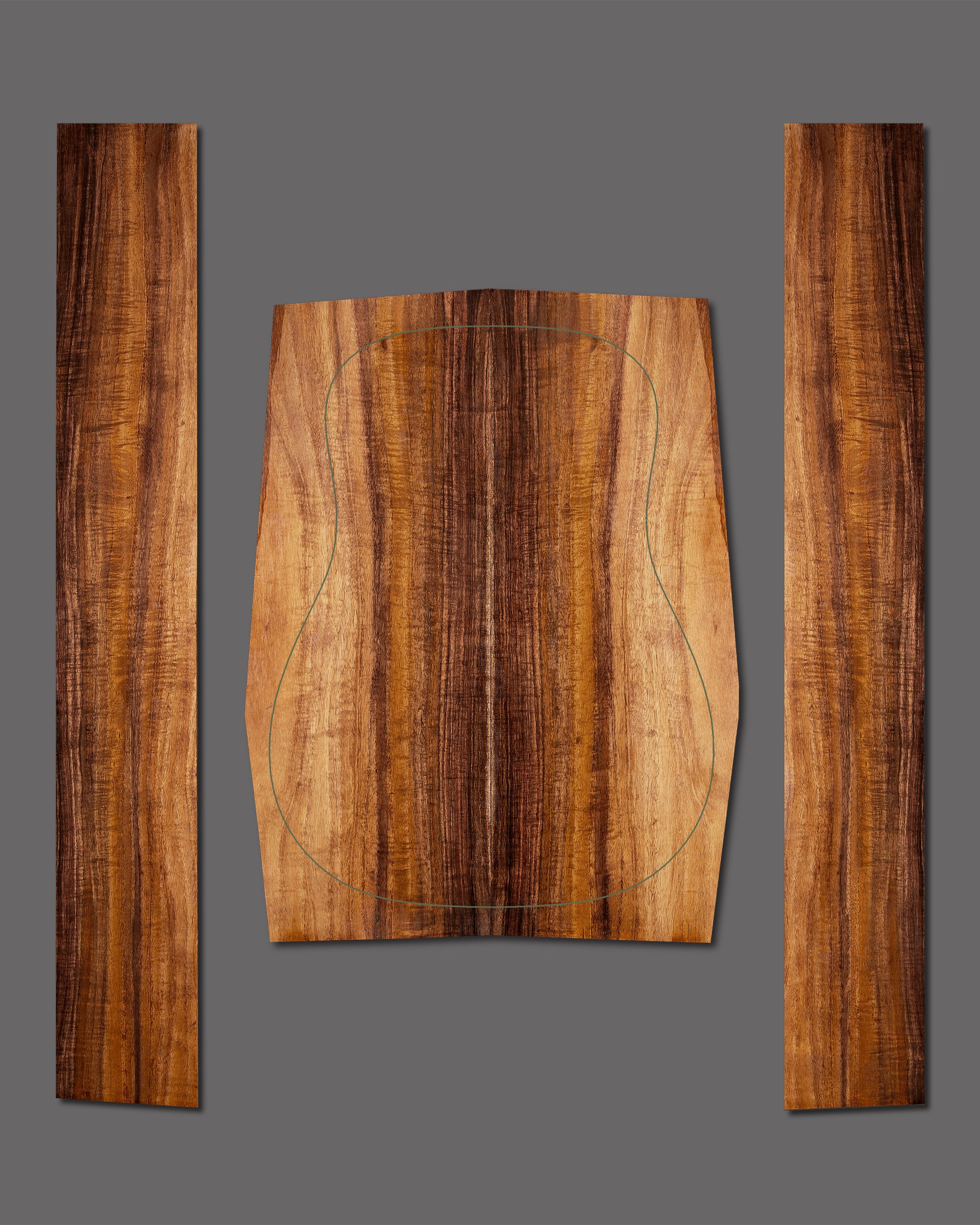 Figured Koa guitar back and side set featuring rich chocolate and amber tones with tight, vertical curl. Balanced grain and elegant symmetry throughout.