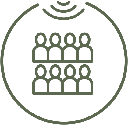 Icon of a group of people with sound waves above, representing community listening and outreach.