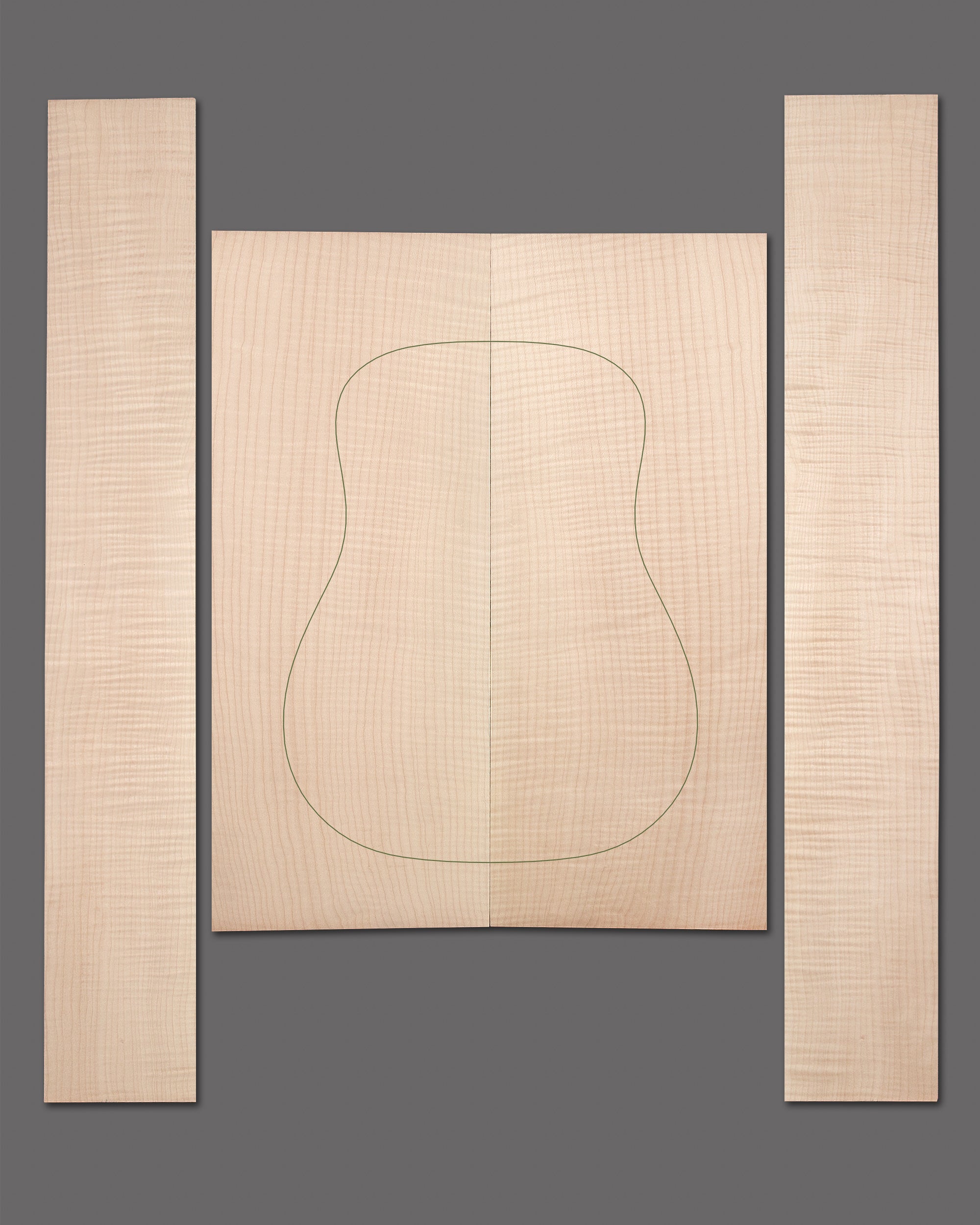 Figured maple back and sides set with deep flame pattern and uniform symmetry. Perfect for a high-end acoustic guitar build.