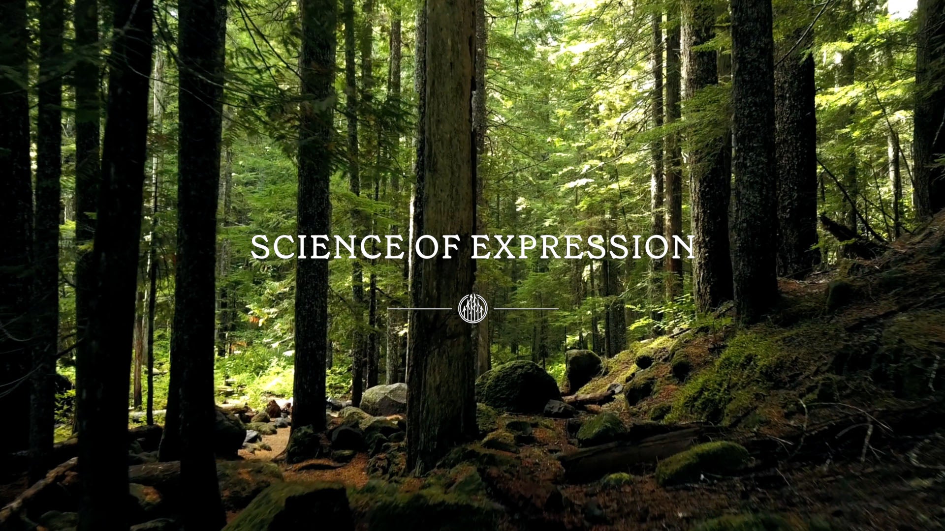 Lush green forest with moss-covered rocks, overlaid with "Science of Expression" text and logo.