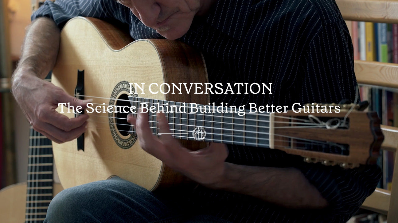 Close-up of Miroslav Tadić playing a classical guitar, overlaid with the text “In Conversation: The Science Behind Building Better Guitars.”