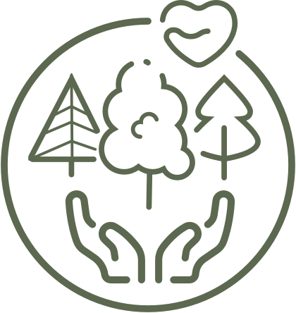 Icon of various trees and an open hand as a support symbolizing environmental conservation.