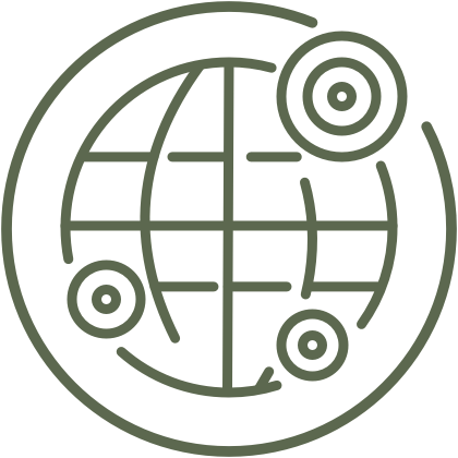 Icon of a globe with circular markers, indicating global locations for environmental trials.
