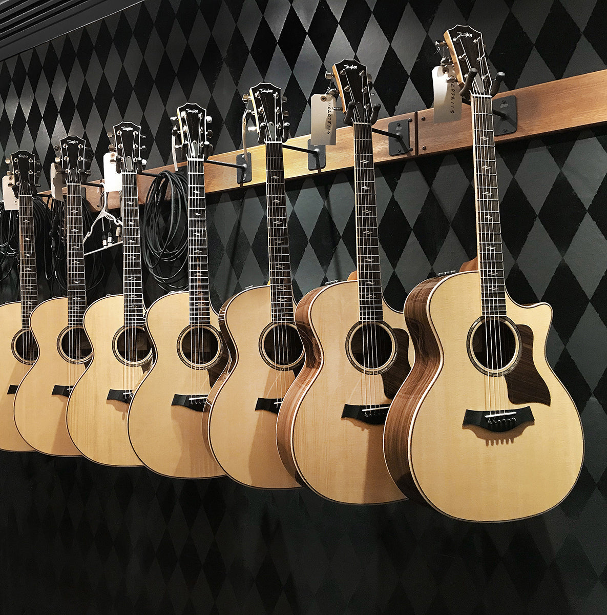 A row of Taylor acoustic guitars hanging on a wall with a diamond-patterned black background.