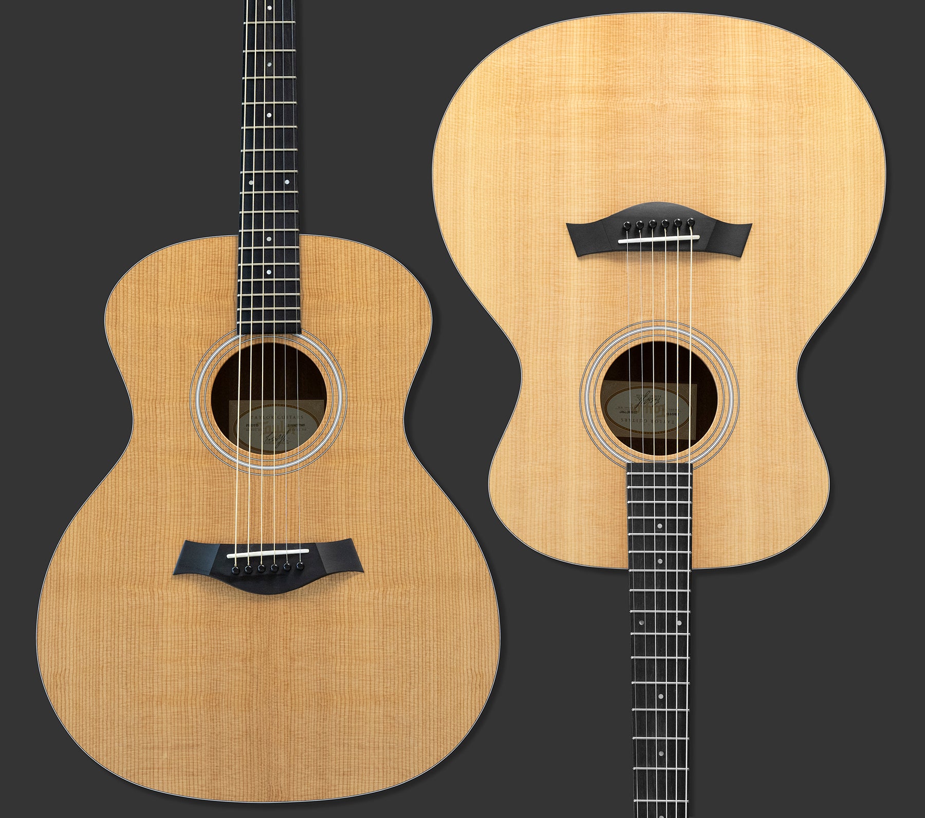 Two acoustic guitars made with Lutz spruce soundboards displayed side by side on a dark background.