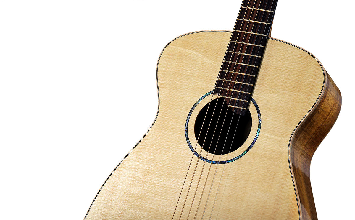 Close-up of an acoustic guitar with a wooden body, revealing the fine details of the grain.