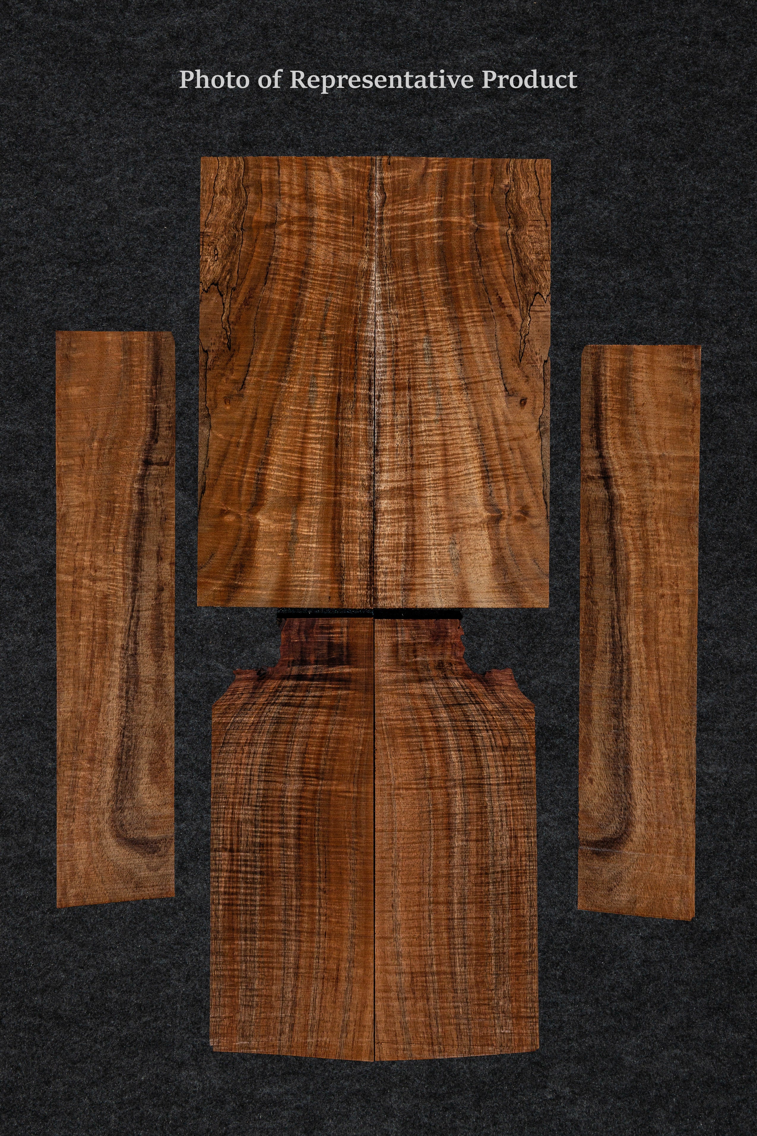 High-quality Koa ukulele Top, Back and Side set with deep brown tones, striking grain patterns, and wavy figuring.