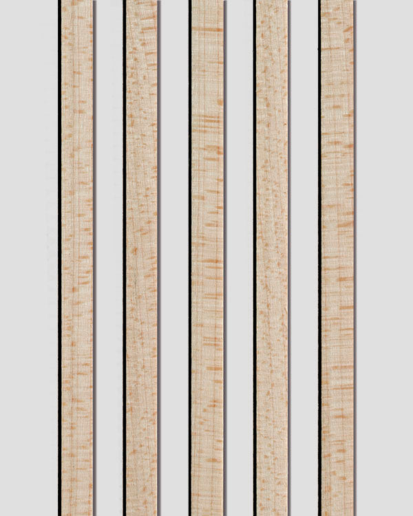 Close-up image of curly Eastern maple binding strips for guitar edges. Features a light natural colour and pronounced flame figure.