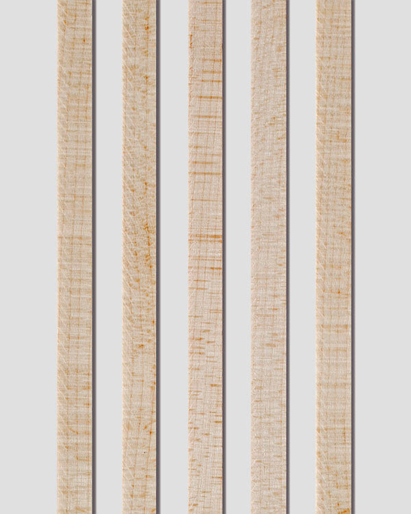 Curly Eastern maple binding with black-white purfling lines. Contrasting layers highlight the figured grain pattern and enhance edge detail.