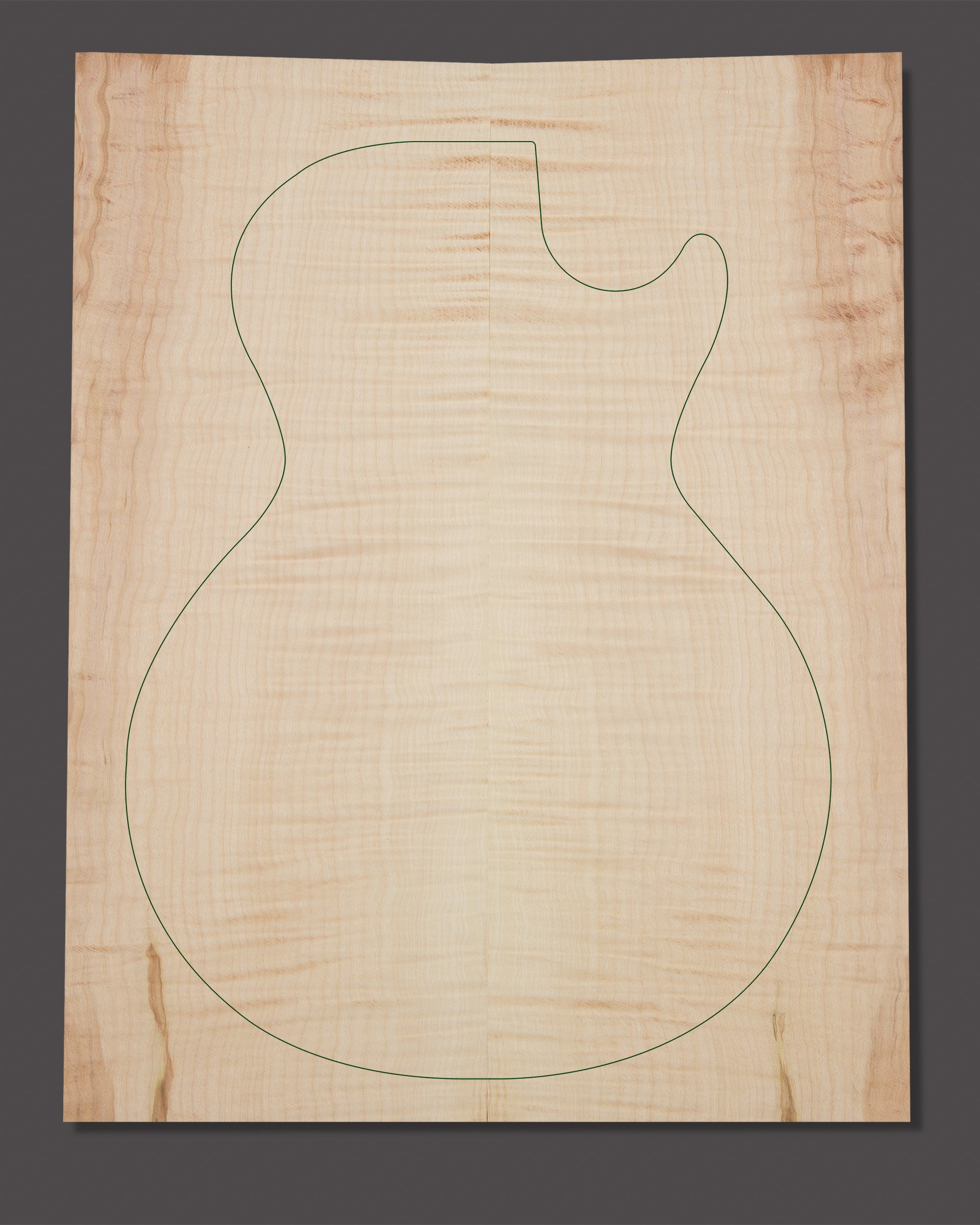 Flame maple guitar top with high-definition curl and tight figuring. Symmetrical grain and a hint of darker edge figure on both sides.