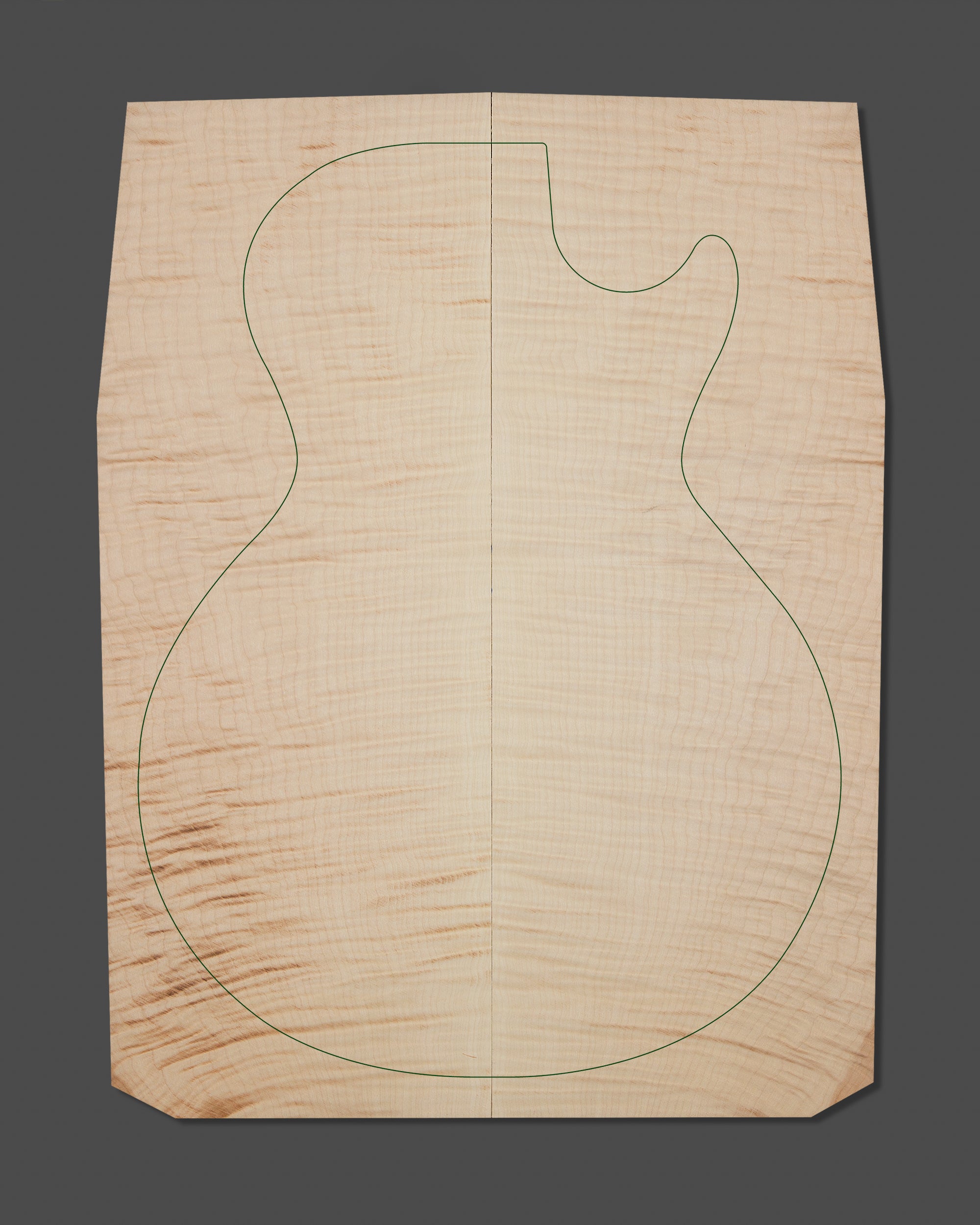 Flame maple electric guitar top showcasing dramatic, deep curl pattern towards the bottom. Strong bookmatch with natural colour variation.