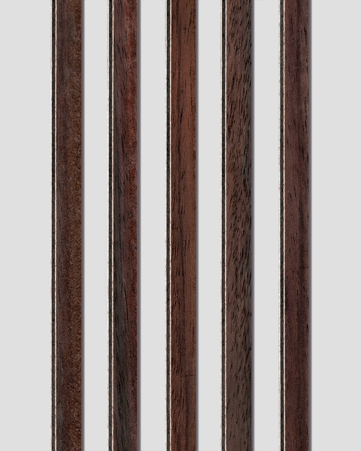 Five rosewood binding strips with white and black purfling detail, highlighting precise lamination and visual contrast for decorative guitar edges.