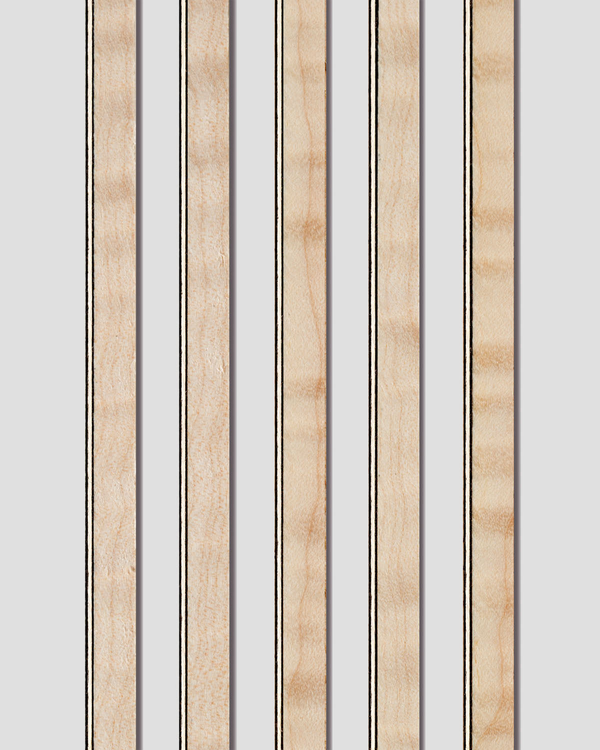 Curly Western maple binding strips with black and white purfling lines. Features a subtle figure and clean grain for decorative guitar edging.